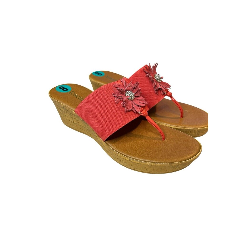 Toscanella Thong Wedge Heel Sandals 8 Slip On Orange Jeweled Made in Italy NWOT